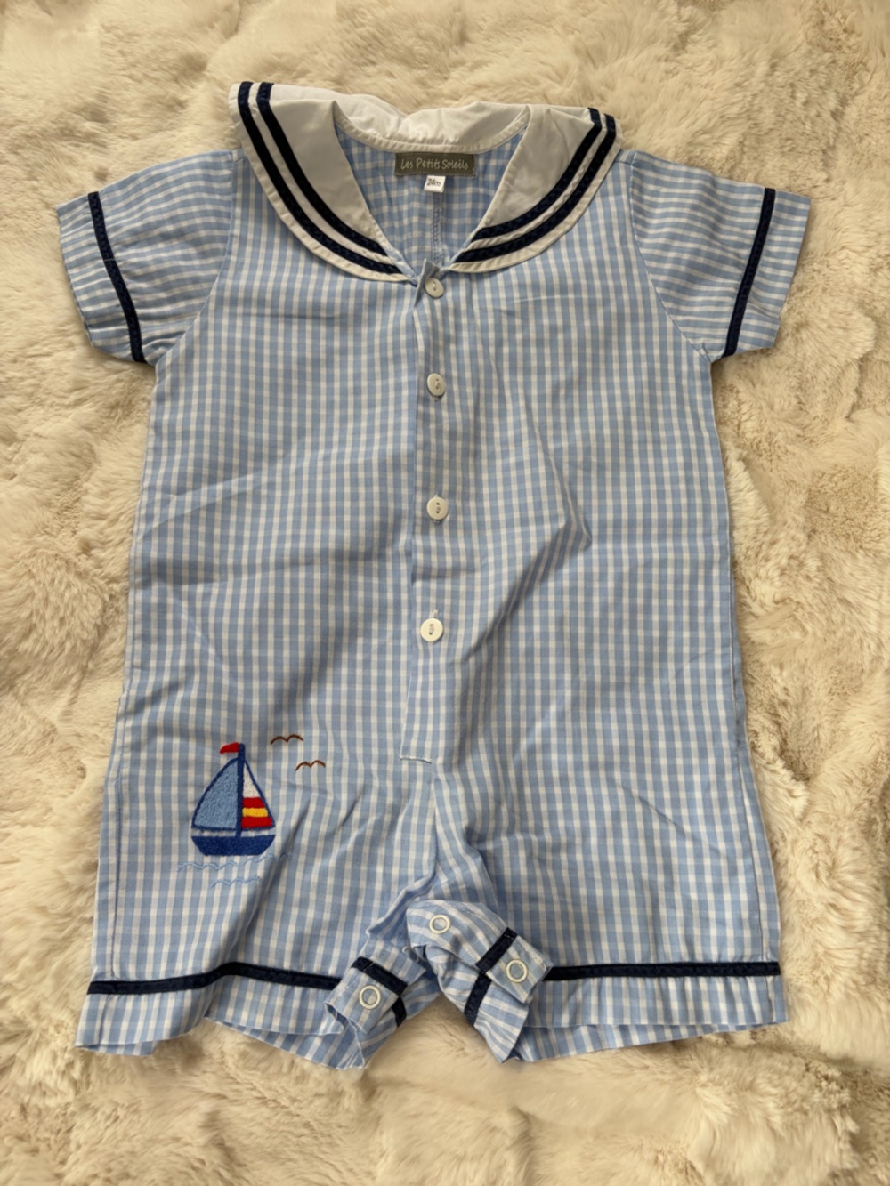 Les Petits Soleils Blue Gingham Sailboat Romper